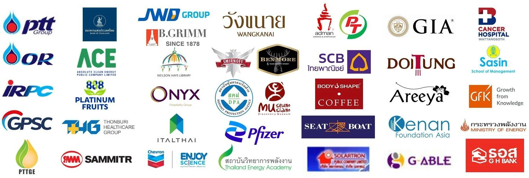 Client logos: PTT Group, OR, IRPC, GPSC, PTTGE, Bank of Thailand, ACE (Absolute Clean Energy), Platinum Fruits, Thonburi Healthcare Group, Sammitr, JWD Group, B.Grimm, Neilson Hays Library, Onyx Hospitality Group, Italthai, Chevron, Enjoy Science, Wangkanai, Smirnoff, Benmore, Deposit Protection Agency, Museum Siam, Pfizer, Thailand Energy Academy, Adman Awards & Symposium, PT, SCB, Body Shape Coffee, Seat Boat, Solartron, GIA, Doi Tung, Areeya, Kenan Foundation Asia, G-Able, Wattanosoth Cancer Hospital, Sasin School of Management, GfK, Ministry of Energy, and GH Bank.